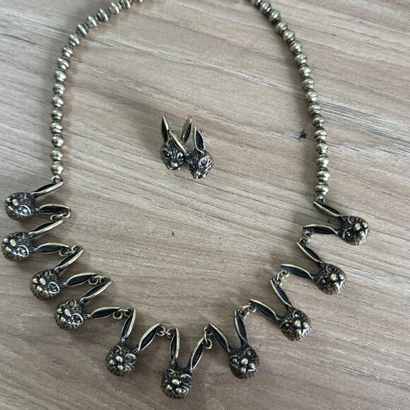 Vintage Stainless Steel Jewelry Rabbit Head Necklace Chain & Earrings - Picture 11 of 11